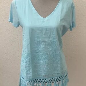Chico’s Light Blue Embroidered Fringe Top 0 XS NEW Short Sleeve V Neck Beautiful